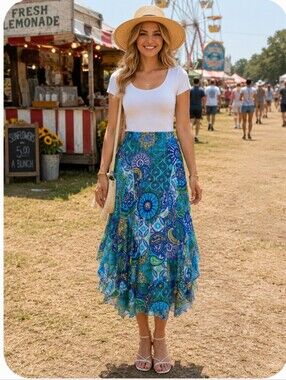 Chico's Size 2 Blue Paisley Handkerchief Hem Midi Skirt Boho Lined Large